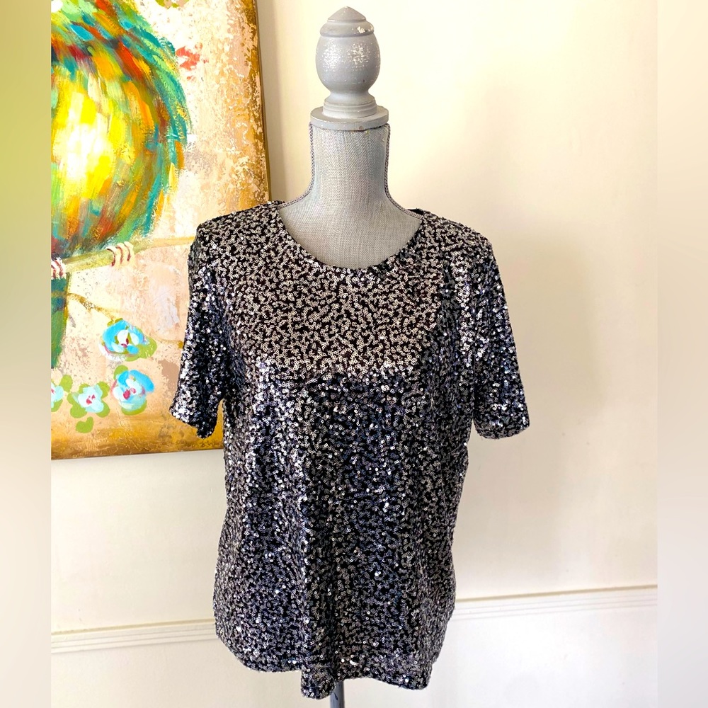SIMPLY STYLED by SEARS 🖤BLACK & SILVER🩶 SEQUINS TOP SIZE LARGE 🌟EUC🌟